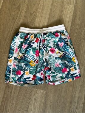 Men's Tropical Floral Swim Trunks - White with Multicolor Print